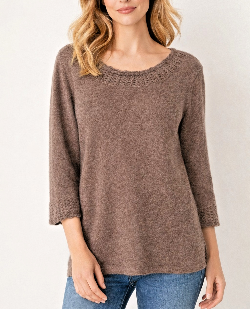 VINTAGE MAINBOCHER Pure Cashmere 3/4 Sleeve Scalloped Trim Sweater Large Brown